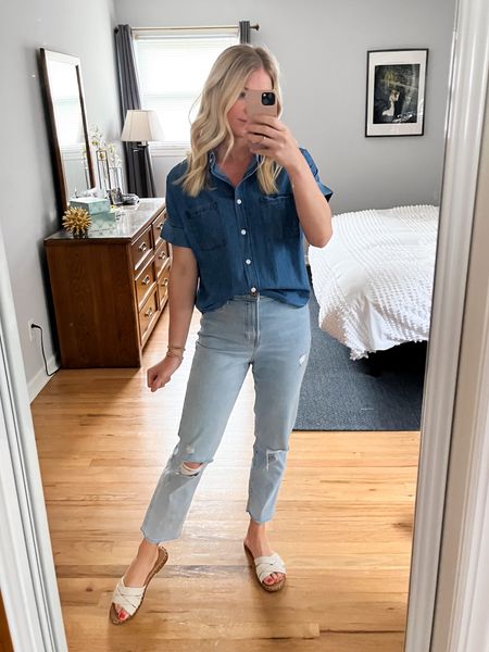 I absolutely love this chambray top. The cuffed sleeve is such a nice detail and it fits perfect. I am loving the denim on denim luck, but I think it would also look really nice with a pair of white denim for a summer. Code JACQUELINE10 saves 10%.

#DenimOnDenim #OutfitInSpo #ChambrayTop #Chambray #SummerOutfit 

#LTKSeasonal #LTKsalealert #LTKunder50