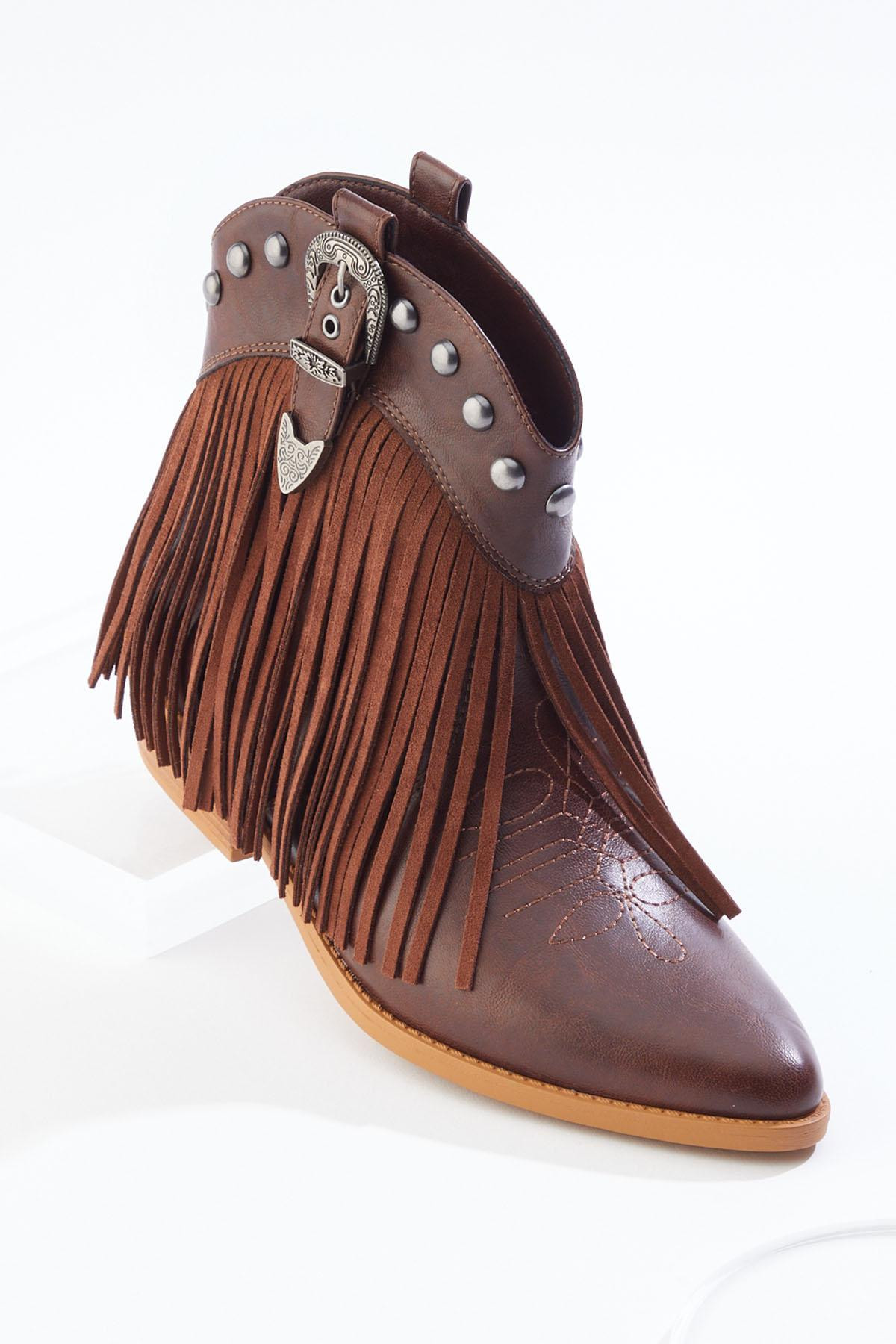 Fringe Side Buckle Western Booties | Cato Fashions