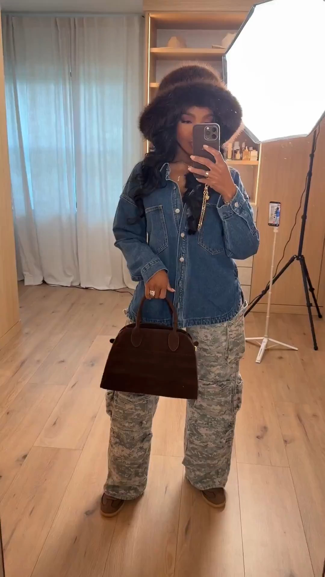 Styled once, worn on repeat. This denim-on-denim moment proves how a few versatile staples can stretch your wardrobe and lower the cost per wear with every outfit switch.

The relaxed layers, wide-leg camo pants, and statement accessories make this look effortless but intentional — easy to dress up with heels or keep casual with flats for everyday wear.

Perfect for casual outings, errands, coffee dates, travel days, or off-duty weekends when comfort still needs to look pulled together.

📏 Sizing & Fit Details  
Height: 5'4"  
Weight: 138 lbs  
Bust: 34D  
Waist: 27"  
Hips: 40"  

Wearing Size Small  
Pants: 27 Long  

Favorite to revisit later and shop all the details.

Casual chic outfit, denim layering look, everyday street style, fall outfit inspo, versatile capsule wardrobe, cost per wear styling

Follow me on Instagram and YouTube @kirasfashionfinds  

#LTKPetite #LTKootd #LTKgrwm