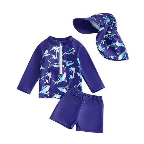 Toddlers Baby Boys' 3-Piece Rashguard Swimsuits Sets Long Sleeve Dolphin Print Trunks Swimwear Bathing Suit with Hat (Blue, 2-3 Years) | Amazon (US)
