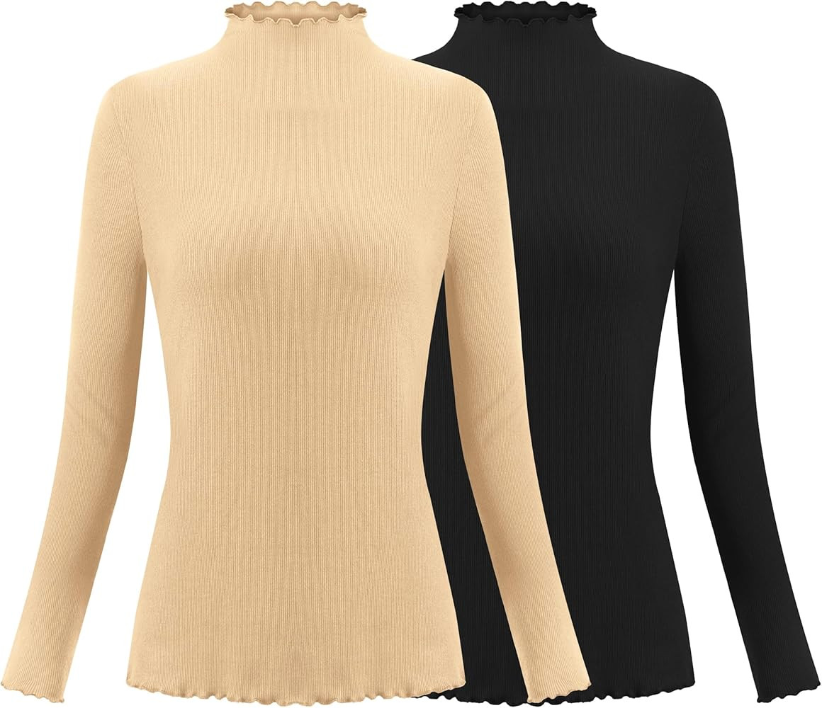 Herou 2 Pack Women Lettuce Trim Ribbed Knit Long Sleeve Top Mock Neck Basic Layer Tops Turtleneck... | Amazon (US)