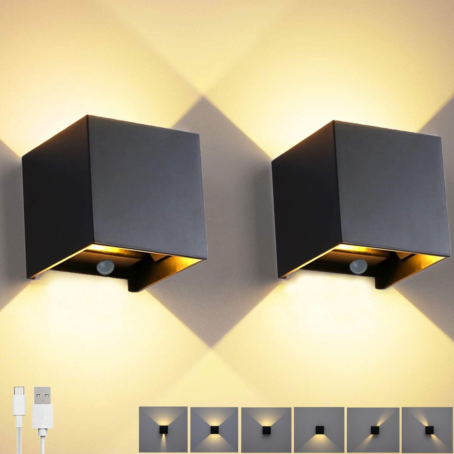 Rechargeable Wall Sconces Set of 2, Motion sensor wall sconce Indoor, Battery Operated led Wall Light,Cordless Magnetic Mounted Black wireless wall lamp for bedroom, Stairs, Hallway 3000K Warm White | Amazon (US)