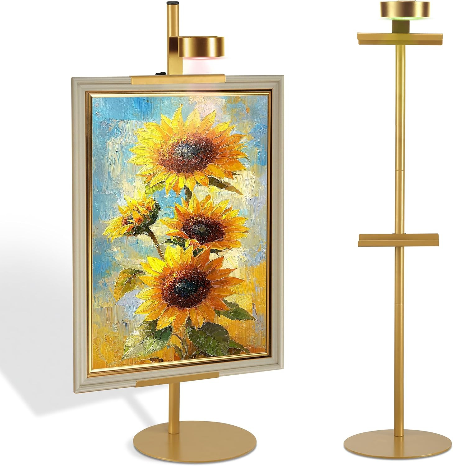 Adjustable Desktop Photo Frame Stand with Magnetic Wall Painting Light, Holds Picture Frames up to 30 Inch,with Rechargeable Battery,Metal Vertical Stand with 3 Color Temperature & 13RGB Poster Lights, for Displaying Picture Frames, Artworks (1 Pack,Gold) | Amazon (US)