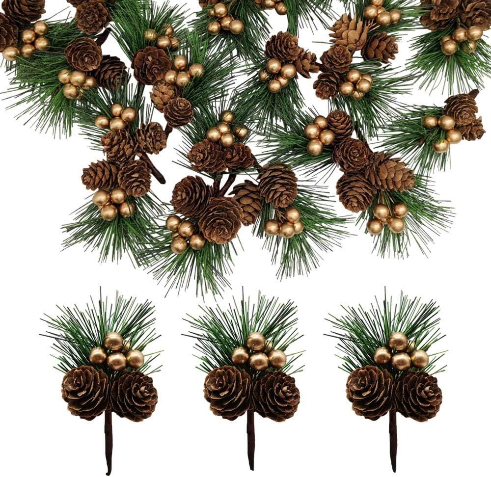 20 PCS Pine Needles Branches with Gold Berry Stems Mini Pinecone Picks for Crafts Holiday Wreath ... | Amazon (US)