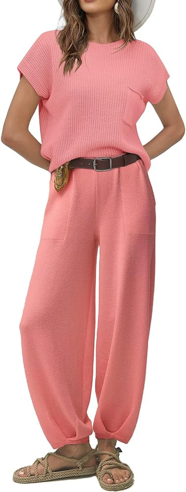 Ugerlov Women's Two Piece Outfits Sweater Sets Knit Pullover Tops and High Waisted Pants Lounge Sets | Amazon (US)
