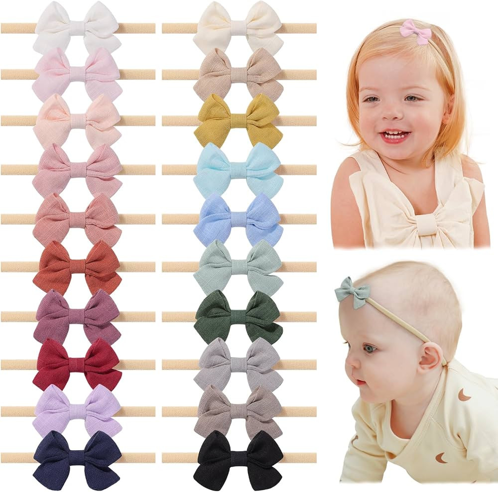 jollybows 20pcs Baby Girl Bow Headbands Newborn Nylon Hairband 2" Neutral Linen Infant Hair Bows | Amazon (US)