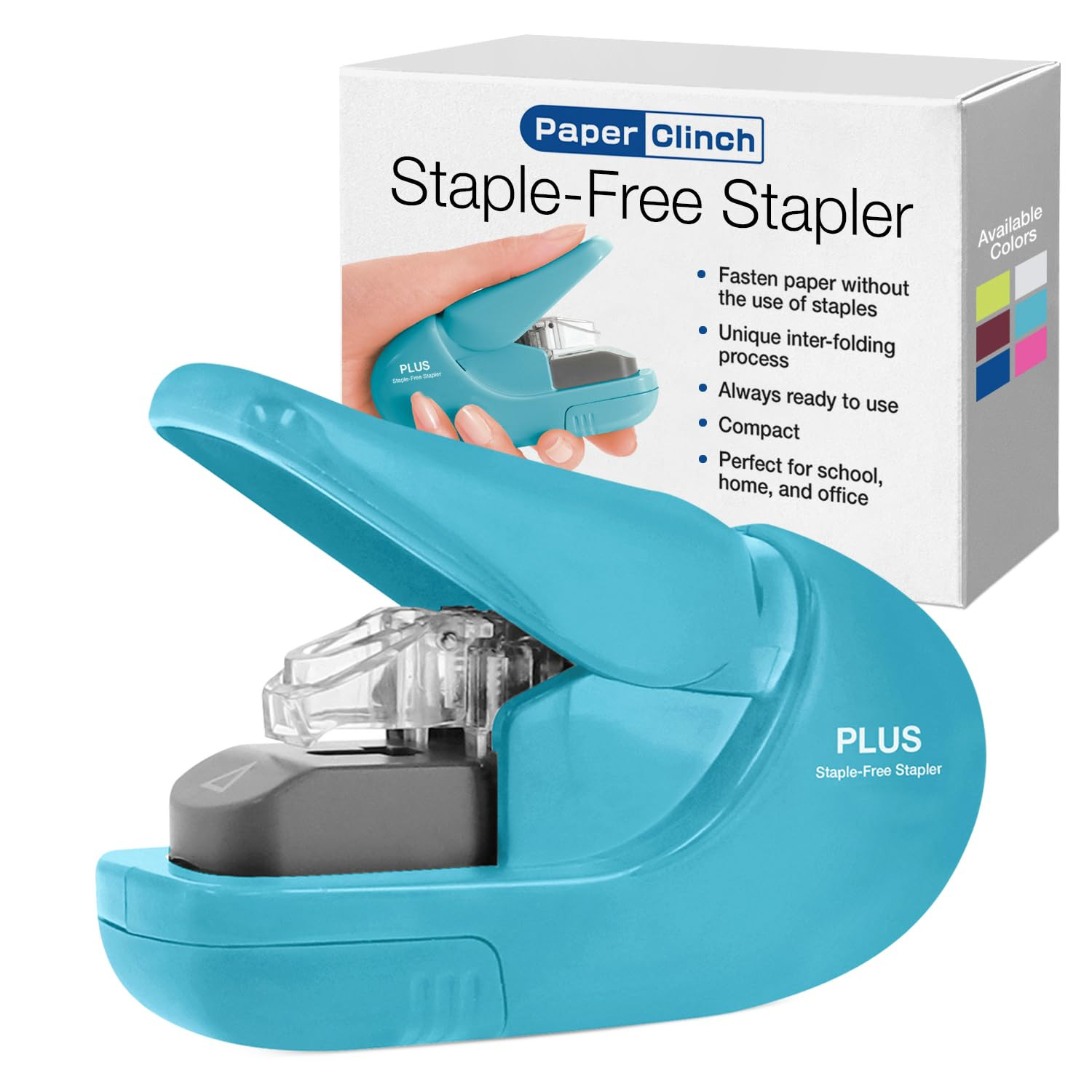 Plus Paper Clinch Compact Staple-Free Stapler, Blue Turquoise | Amazon (US)