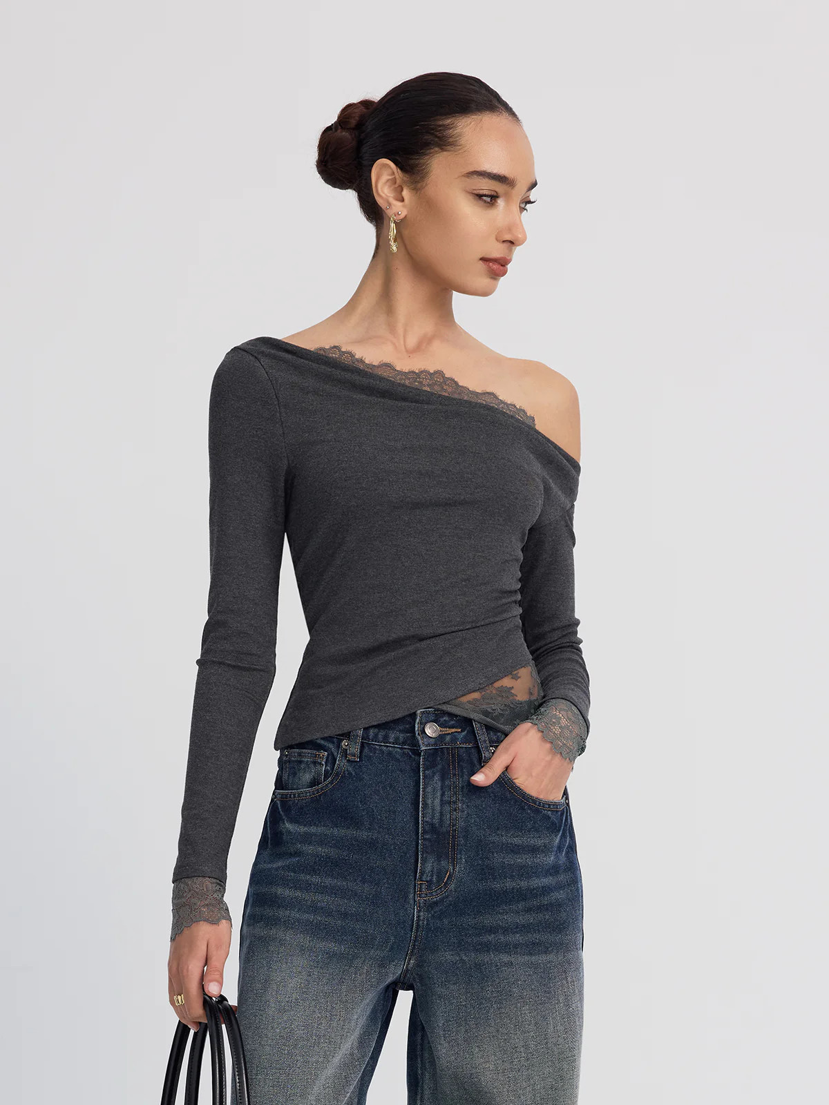 Off-Shoulder Lace-Trim Long-Sleeve Top | Commense