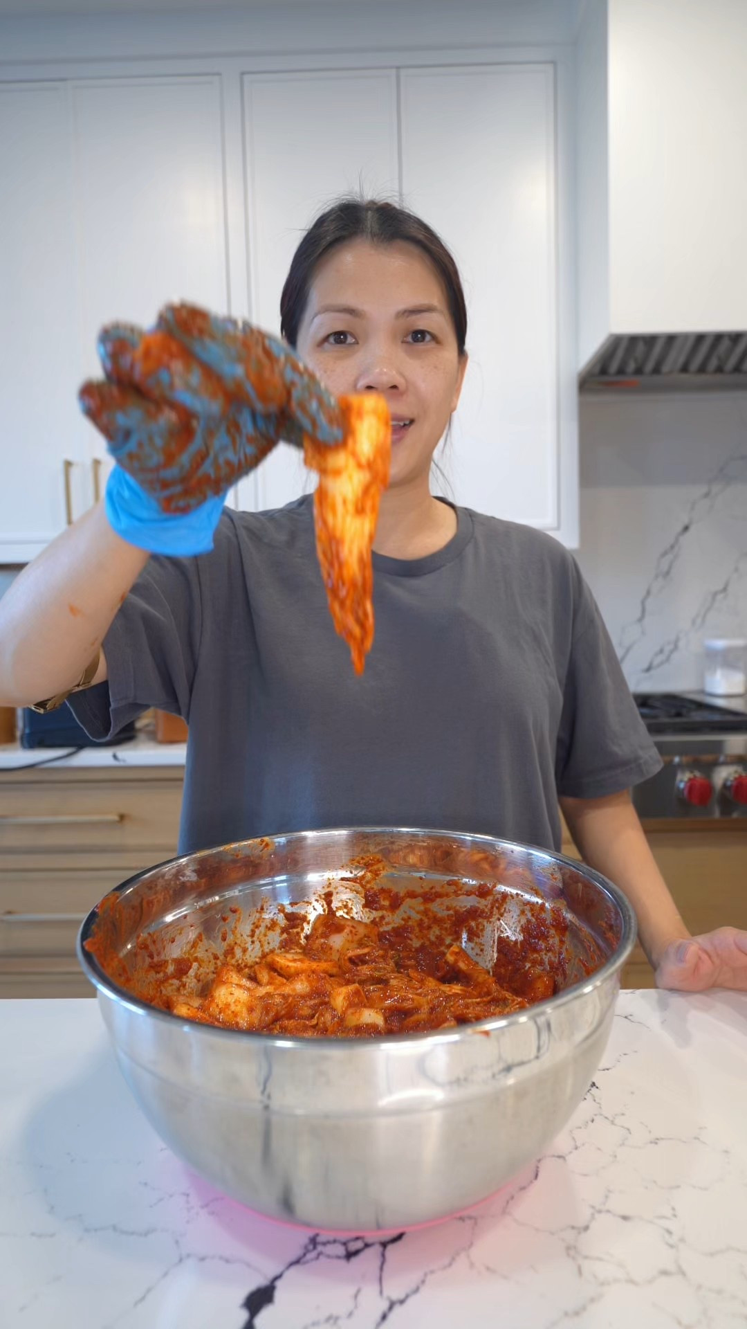 KIMCHI
 
 
PART 1 BRINE
3 b napa cabbage
½ cup kosher salt
1 cup room temp water
 
PART 2 SLIME
1 cup water
¼ cup rice flour
1 TBSP sugar
 
PART 3 PASTE
½ of a Korean pear, peeled
1 small yellow onion
1 tsp minced/ grated ginger
4-5 cloves garlic
2 TBSP salted shrimp
1 TBSP fish sauce
1/3 cup sweetener of choice I used corn syrup
1 cup gochugaru/ Korean red pepper flakes
 
 
PART 1
1.   Cut napa cabbage in quarters lengthwise. Cut off the core of each piece and then cut napa cabbage into 1 inch pieces.
2.   Sprinkle ¼ cup kosher salt and ½ cup room temp water and mix. Repeat this 1 more time and then leave cabbage to sit just until you are done prepping everything else. Make sure to re fluff every 15 mins
3.   Once you’ve done prepping everything under PART 2 + 3, then rinse and drain napa cabbage under cold water. Make sure do wash it really well.. at least 3x. on the last round, make sure to SQUEEZE out any excess liquid from cabbage. 
 
PART 2
4.   In a small sauce pot, heat up some 1 cup water, ¼ cup rice flour and 1 TBSP sugar. This will thicken up into a slime/ goo texture. Turn off heat and allow to completely cool before using. Note: this thickens up fast… ~5 mins so don’t go anywhere
 
PART 3
5.   Place all of your ingredients  listed under PART 3 into a blender and blend until smooth.
 
6.   Now its time to combine everything: combine PART 2 SLIME with PART 3 PASTE. Make sure your slime is completely cooled before combining. And then pour this mixture into your cabbage and combine well. Taste test and adjust if needed. Store in a kimchi container and leave at room temp for 1 day before moving into the fridge. Note: u can enjoy right away or wait a couple of days until its more fermented + cold