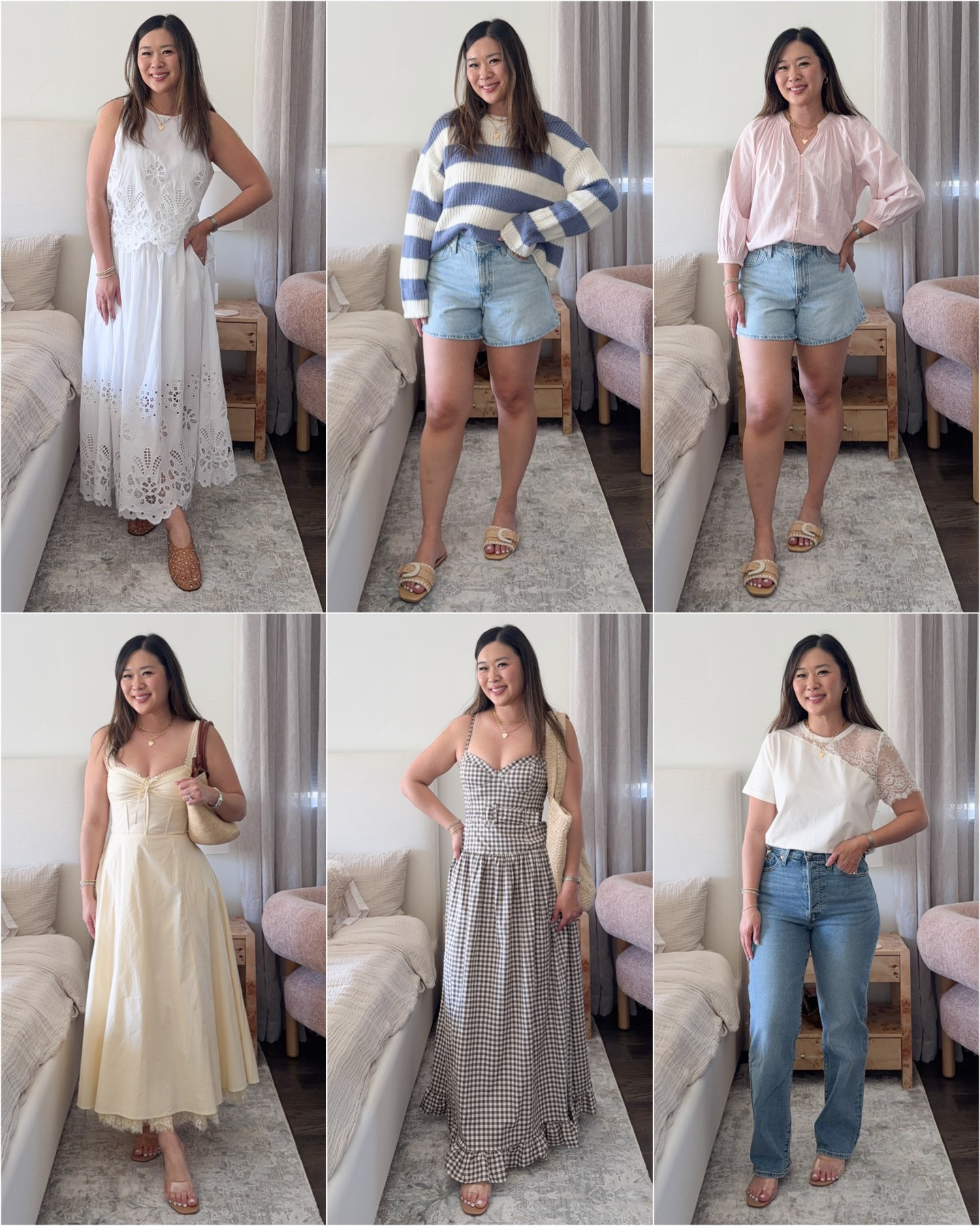 Macy’s Chic Spring Outfits // extra 25% off for VIP Spring sale! 
Lace Top: Medium
Lace Skirt: Medium (need Small)
Striped Sweater: Large
Shorts: 29
Pink Blouse: Medium
Yellow Dress: 7/8
Brown Gingham Dress: 6
Lace Tee: Medium
Denim Straight Jeans: 29