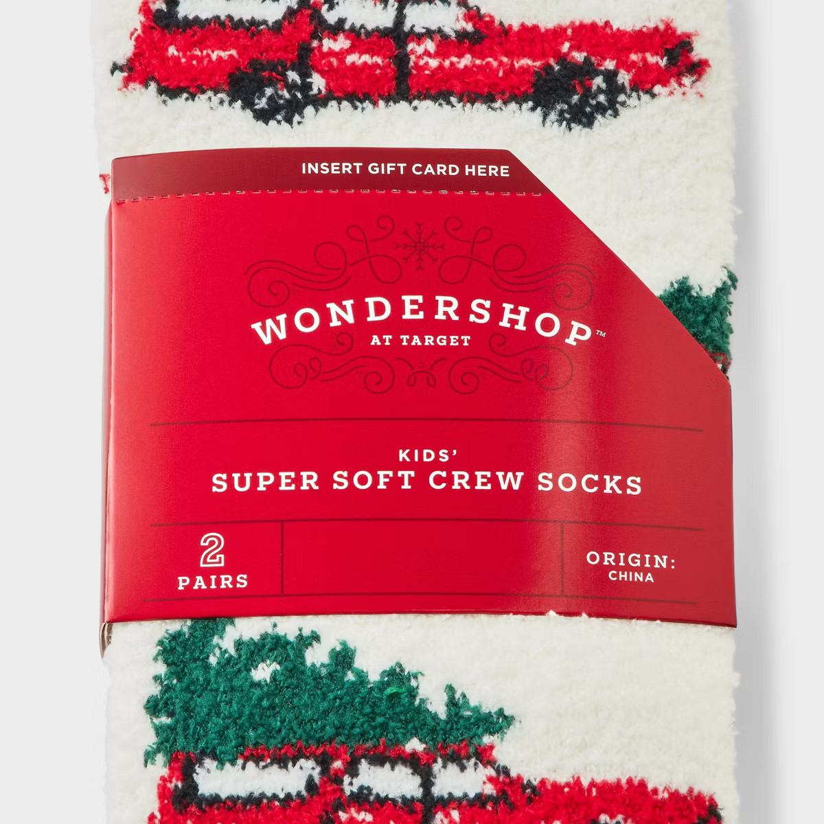 Kids' 2pk Christmas Tree Cars & Plaid Cozy Crew Socks with Gift Card Holder - Wondershop™ White | Target