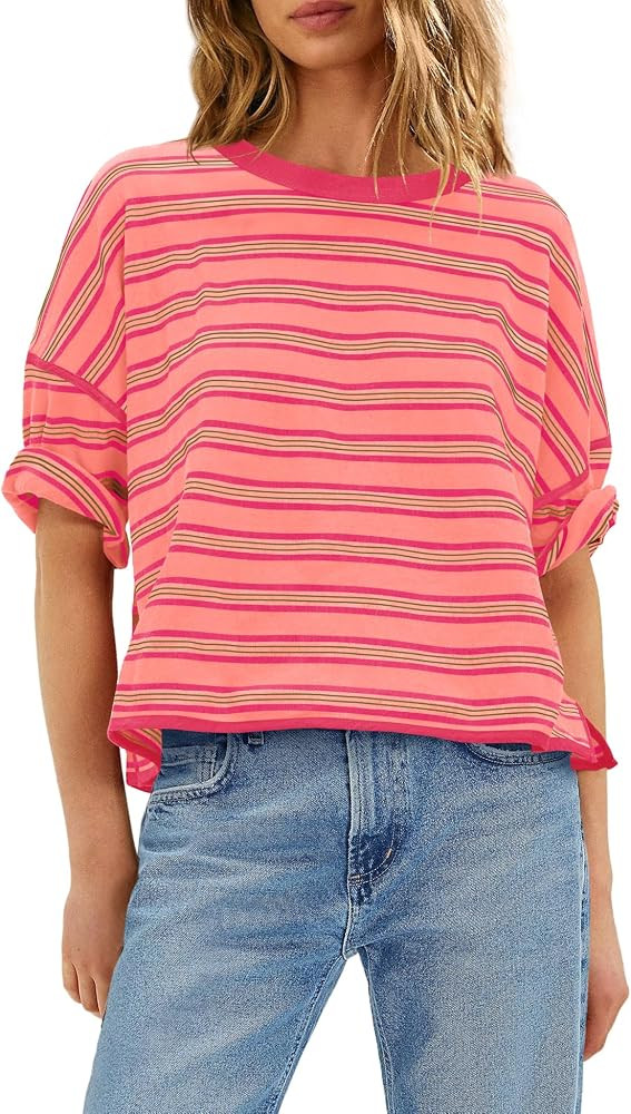 Yanekop Womens Oversized Shirts Striped Half Sleeve Tops Casual Summer Crew Neck T Shirts Basic T... | Amazon (US)