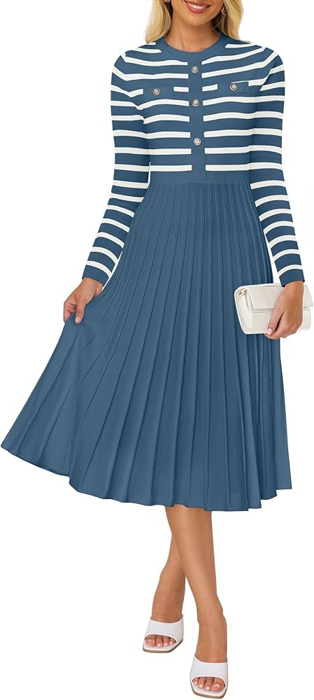 ZESICA Womens Long Sleeve Striped Midi Dresses Crewneck Button Ribbed Knit Pleated A Line Swing Sweater Dress | Amazon (US)