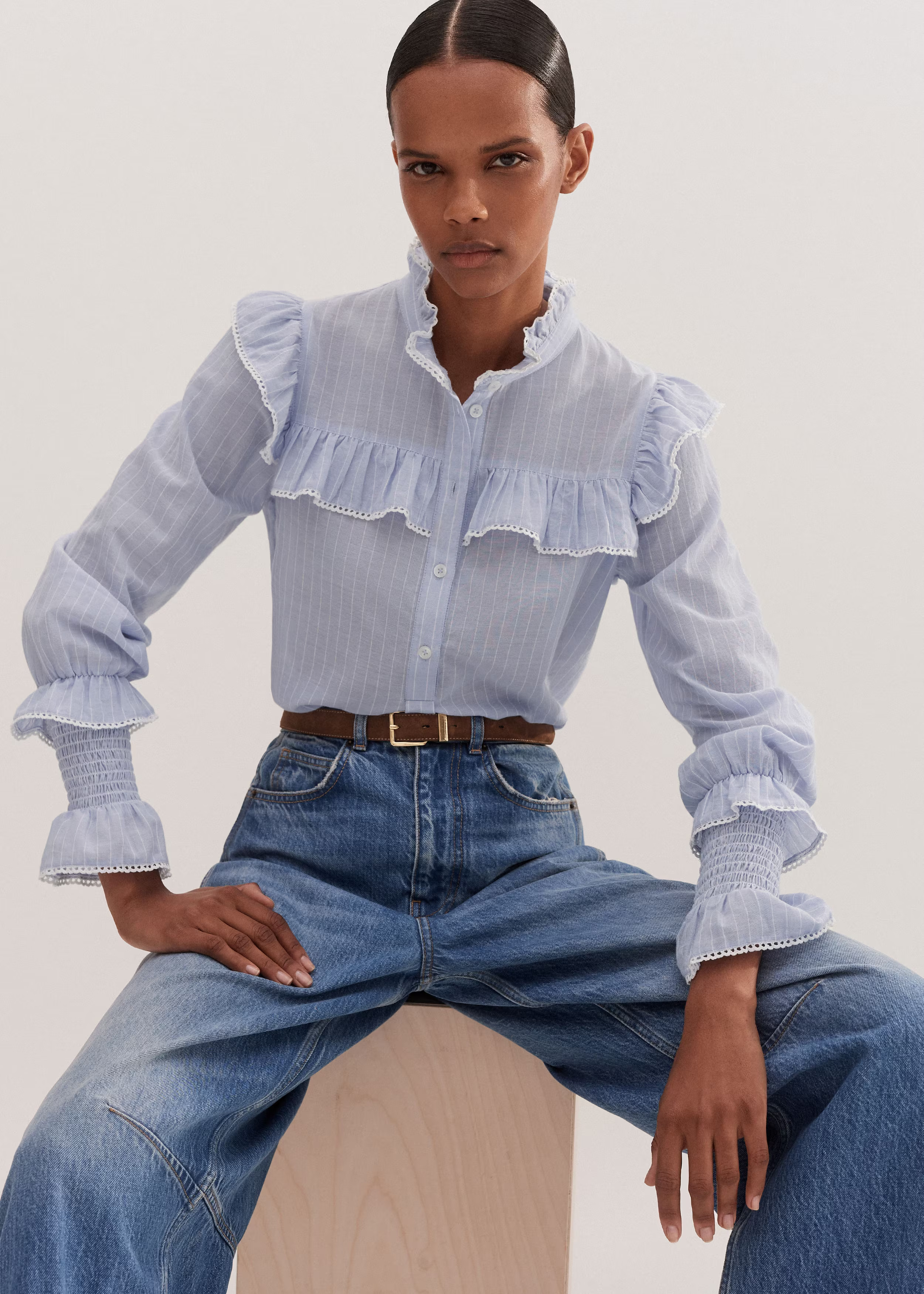 Women's Blue Cotton Voile Stripe Long Sleeve Top | ME+EM | ME+EM US