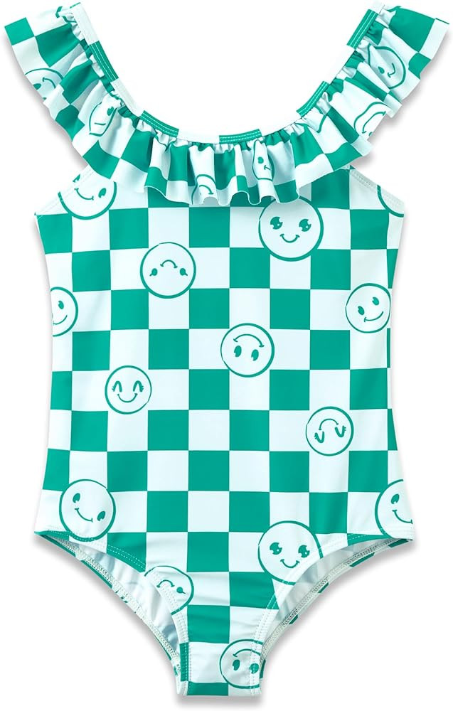 Girls One Piece Swimsuit - Adjustable Strap, Checked Face & Mermaid Print Toddler Ruffle Bathing ... | Amazon (US)