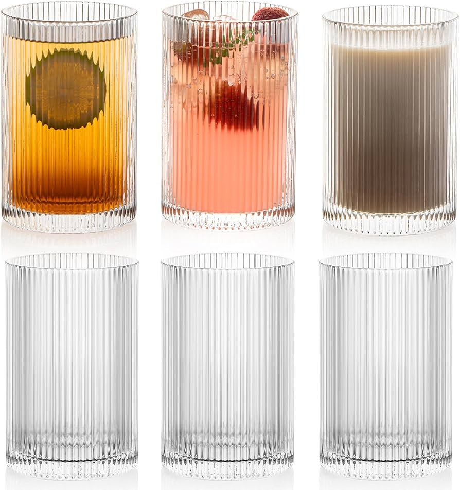 Vintage Ribbed Glassware Set: 6pcs 16.9oz XL Drinking Glasses, Fluted Ripple Drinkware, Origami S... | Amazon (US)