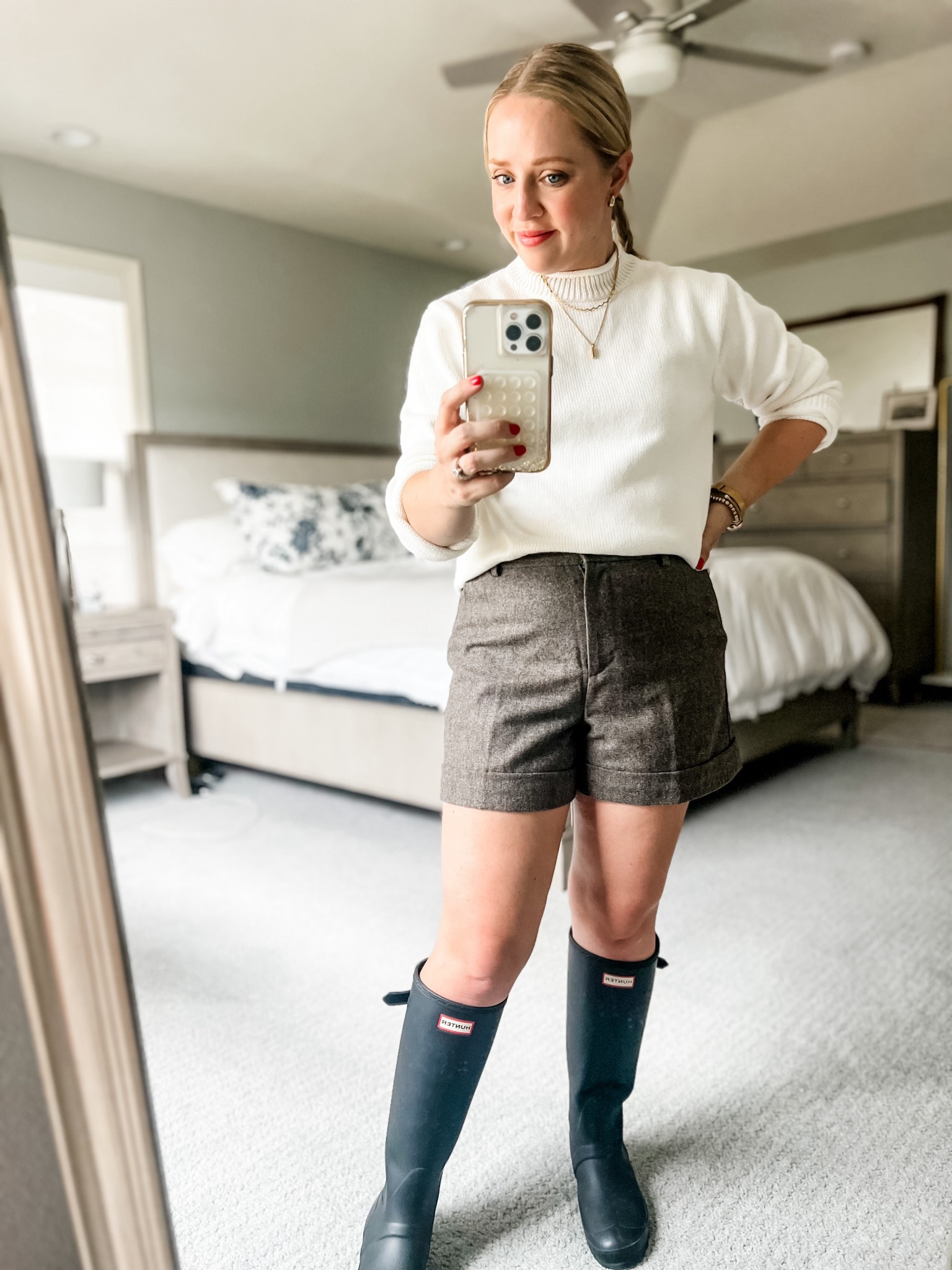 These cuffed wool shorts are so comfortable and great for early fall! Wearing 4 petite. Fits tts. Size small white sweater fits tts. Hunter boots that have an adjustable back for wide calfs! 

Early fall, fall outfit, petite, fall fashion, brushed flannel, fall shorts 

#LTKPetite #LTKSaleAlert #LTKSeasonal