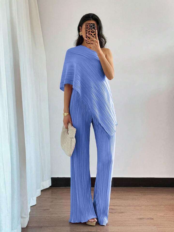 Elenzga Women's Solid Color Batwing Sleeve Top And Pants Fashion Suit | SHEIN