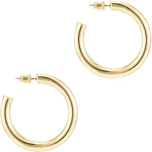 PAVOI 14K Gold Colored Lightweight Chunky Open Hoops | Gold Hoop Earrings for Women | Amazon (US)