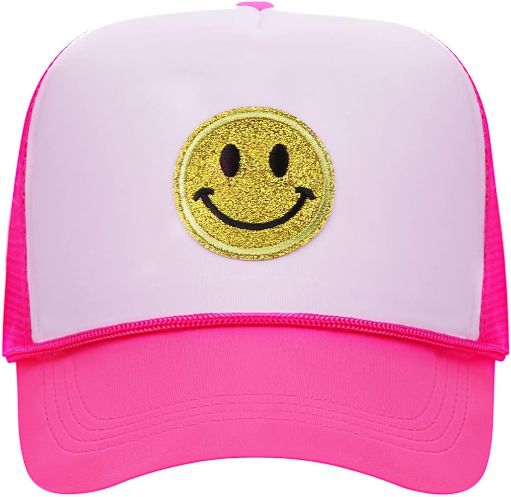 jnpemvq Yellow Glitter Smiley Face Trucker Hat,Adjustable Snapback Closure High Crown Foam Mesh Back | Amazon (US)