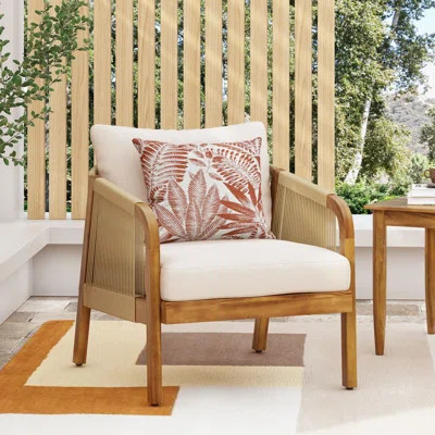 Joey Acacia Wood and Wicker Patio Chair with Cushions | Wayfair North America