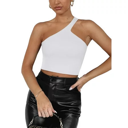 REORIA One Shoulder Tank for Women Double Lined Sleeveless Crop Top Slim Fit Basic Tank Top | Walmart (US)