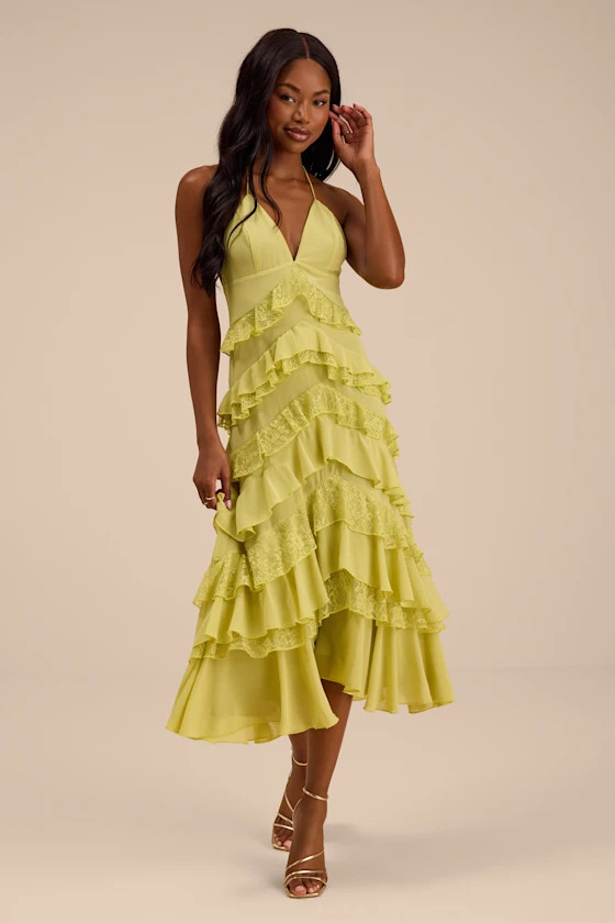Melena Chartreuse Ruffled Lace Midi Dress | Lulus