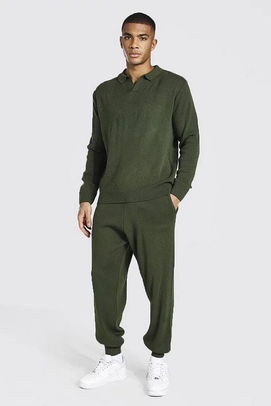 Long Sleeve Knitted Polo & Jogger Set | Boohoo.com (US & CA)