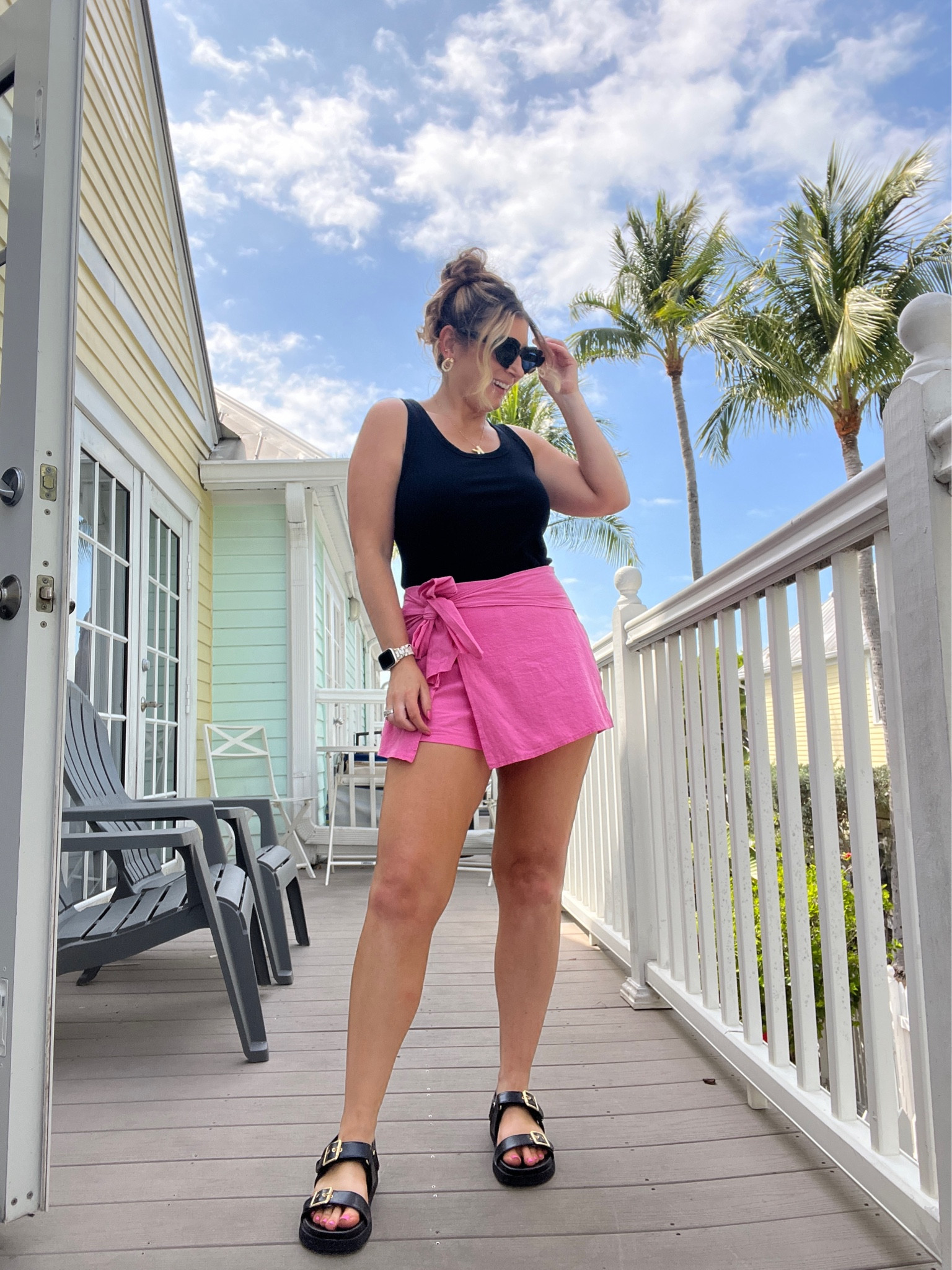 Target black tank, pink skirt, black chunky sandals, black look for less sunglasses, initial necklace, Lulu’s gold earrings, summer outfits, vacation outfit, causal outfit 

#LTKSeasonal #LTKshoecrush #LTKstyletip