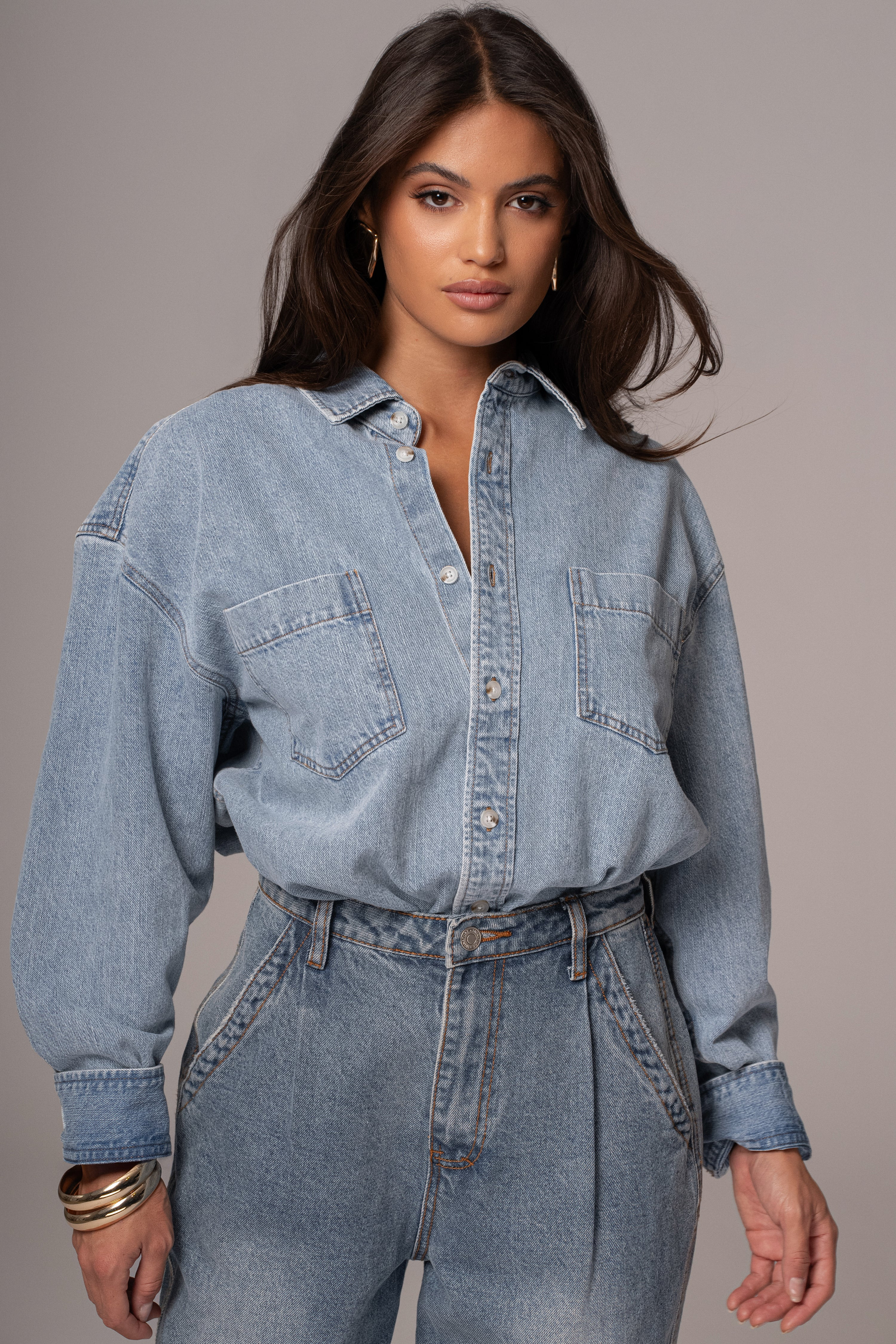 Light Wash Denim Brandi Oversized Button Up | JLUXLABEL