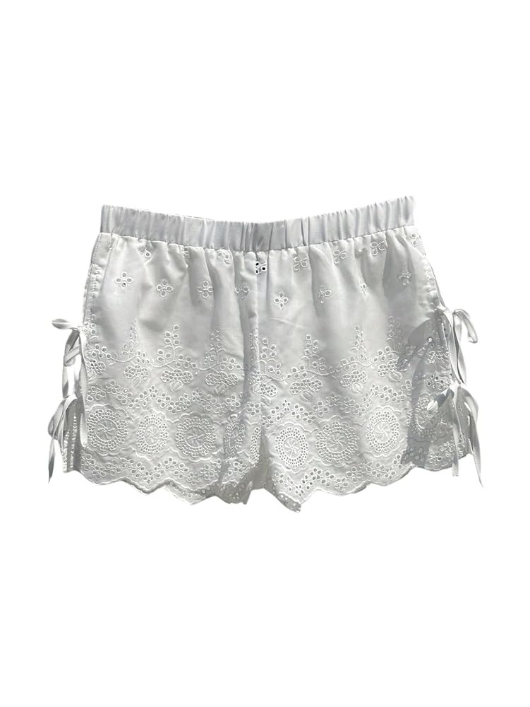 SweatyRocks Women's Bow Tie Knot Boho Shorts Elastic Waist Embroidery Eyelet Summer Short | Amazon (US)
