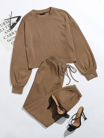 SHEIN Drop Shoulder Solid Pullover & Sweatpants Set | SHEIN