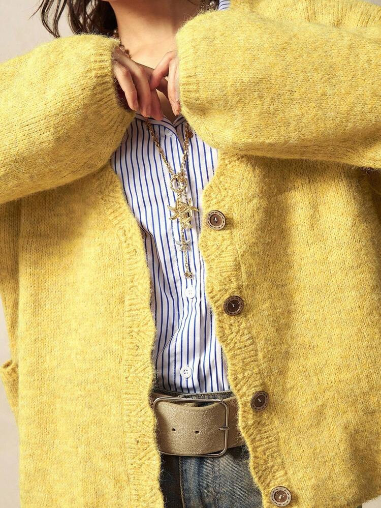 Bohemela Boho Autumn/Winter Outerwear, Women's Christmas Vintage Loose Solid Color Bright Yellow Lace Front Button Versatile Minimalist Long Sleeve Open Fuzzy Vintage Loose Knit Cardigan,Western Country Style Concert Vacation Outfits, Suitable For Vacation Outfit & Daily Wear & Back To School & Going Out Outfits, Christmas Clothes, New Year Clothes | SHEIN