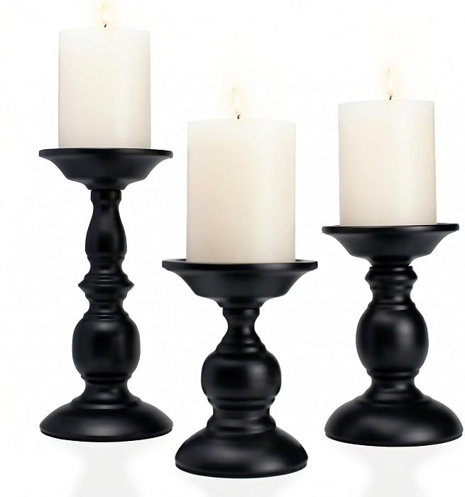 Black Pillar Candle Holders Set of 3, Vintage Candle Holder for Table Centerpiece & Fireplace Dec... | Amazon (US)