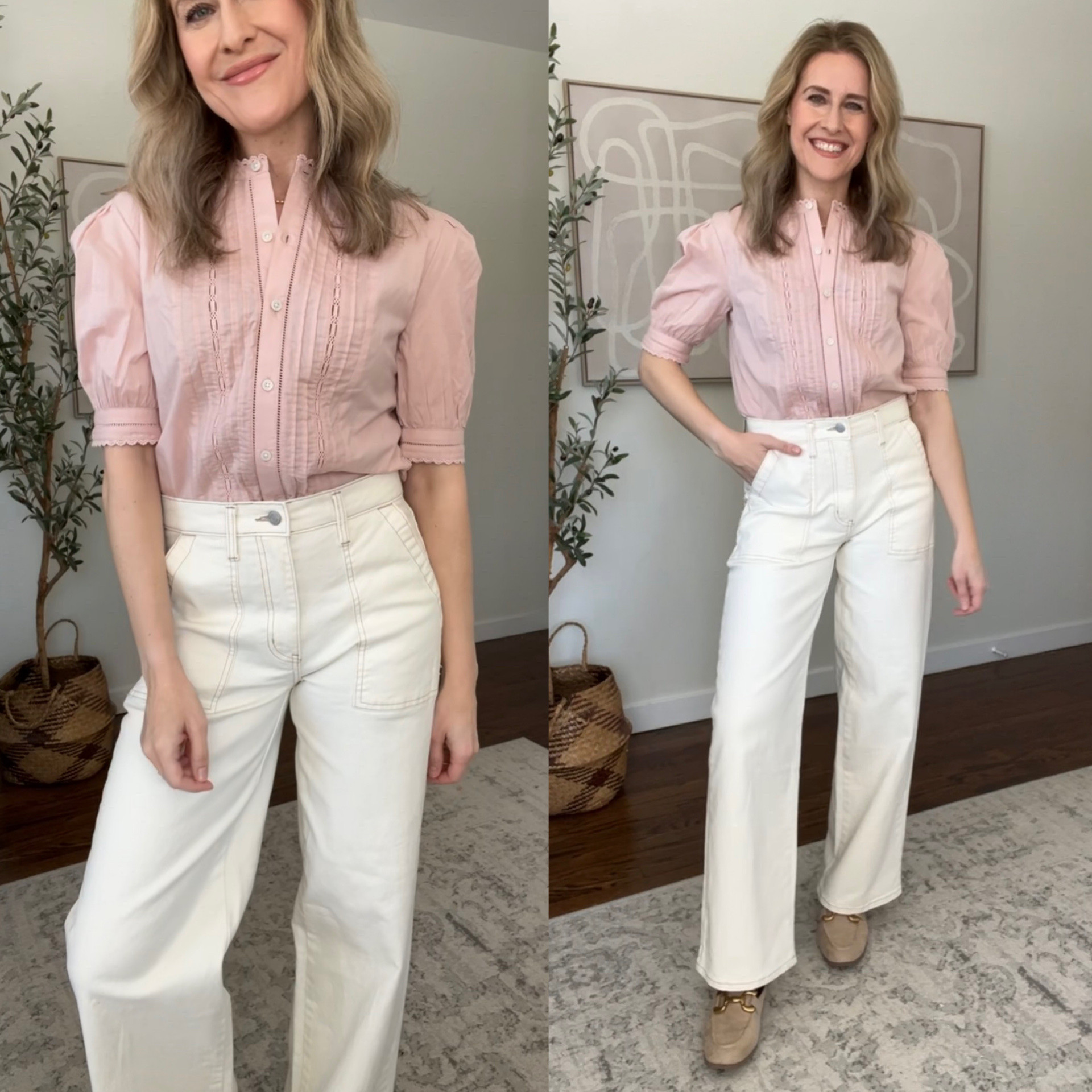 Walmart spring outfit idea with this lace detail cotton blouse, elbow length sleeves, functional buttons, fits true to size I’m in a small. Also comes in blue. Jeans are great! I’m 5’8” wearing my true size 6. #walmartfashion 

#LTKootd #LTKOver40 #LTKValentine