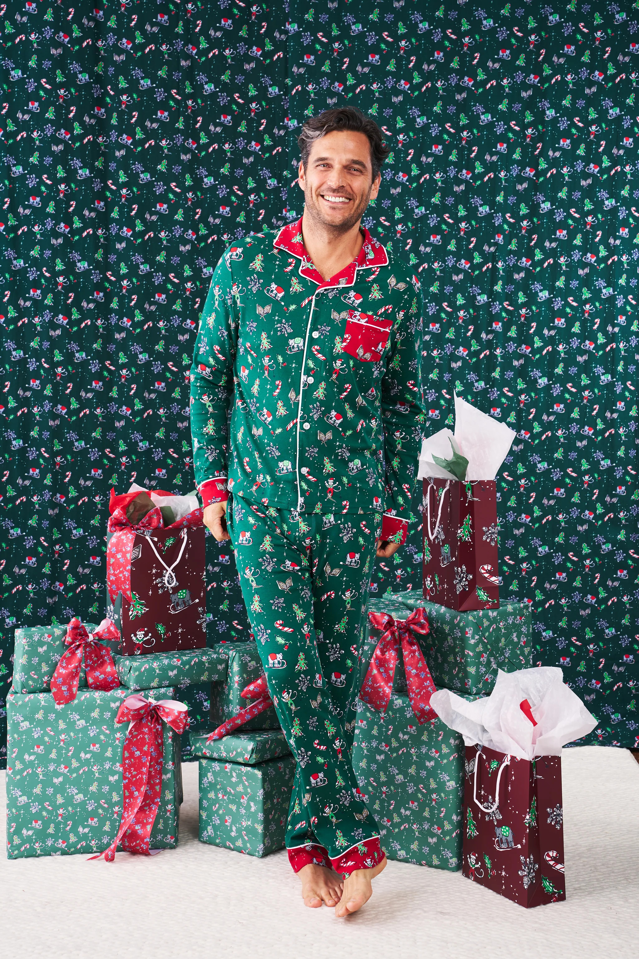 Mens Snow Day Long Sleeve Polo Pajamas | Roller Rabbit | Roller Rabbit