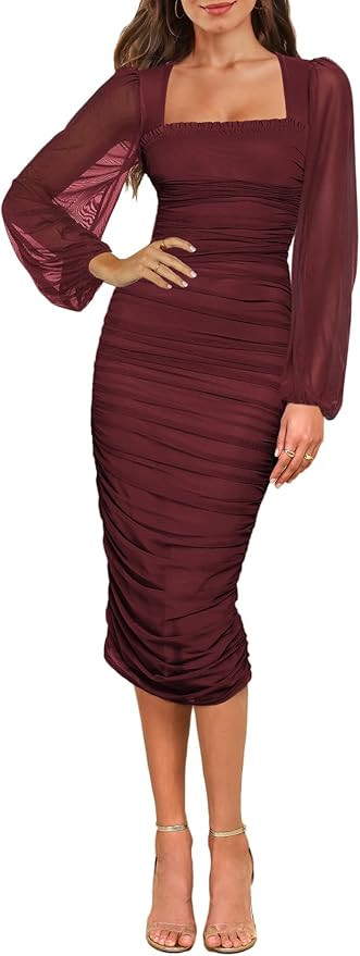 Aisbei Women's Sexy Ruched Bodycon Midi Dress Long Puff Sleeve Square Neck Mesh Cocktail Party We... | Amazon (US)