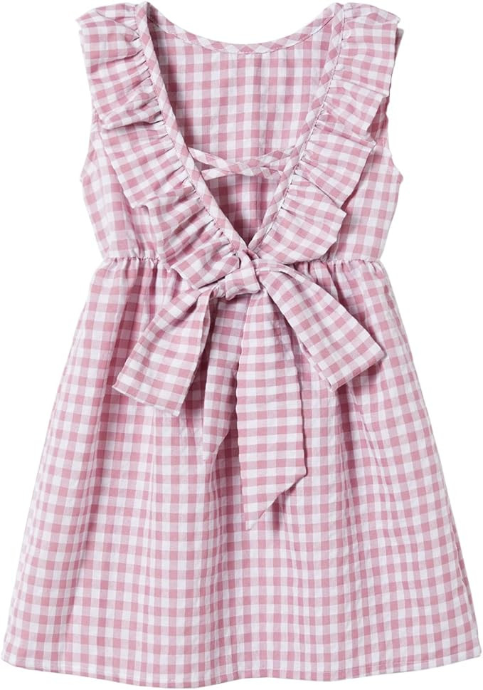 Rysly Toddler Baby Girls Cotton Linen Plaid Dress with Ruffle Back Straps and Bow Kids Casual Dre... | Amazon (US)