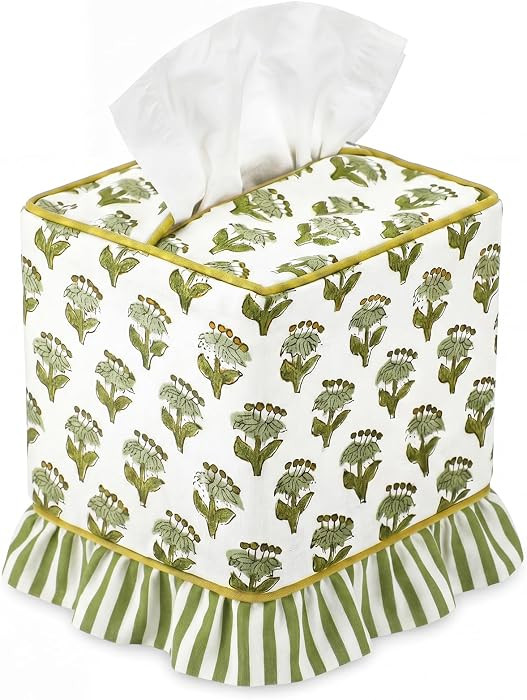 Emerald Green Floral Ruffle Tissue Box Cover Block Printed Cotton Fabric Napkin Holder Square Boh... | Amazon (US)