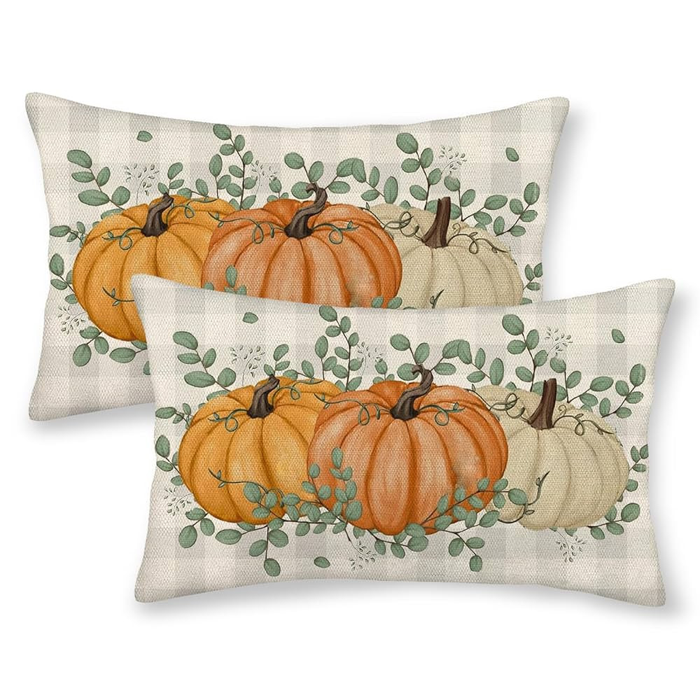 Fall Pillow Covers 12x20 Inch Pack of Plaid Orange Pumpkin Leaf Throw Pillow Covers Outdoor Decor... | Amazon (US)