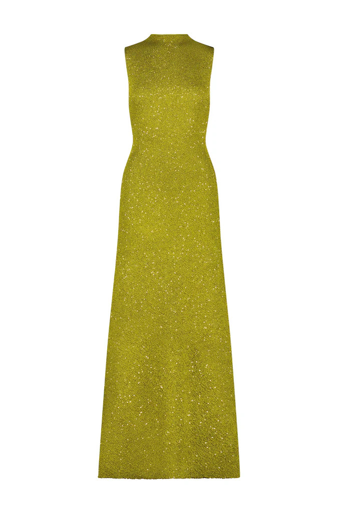 Sequin Knit Mock Neck Gown in Citrine | Over The Moon