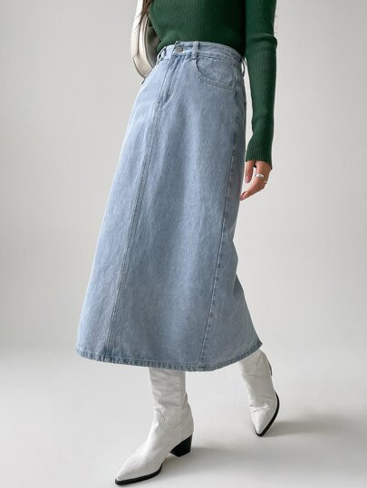 Dazy-Less High Waist Slant Pocket Split Back Denim Skirt SKU: sw2206171100061178(20 Reviews)Cotto... | SHEIN