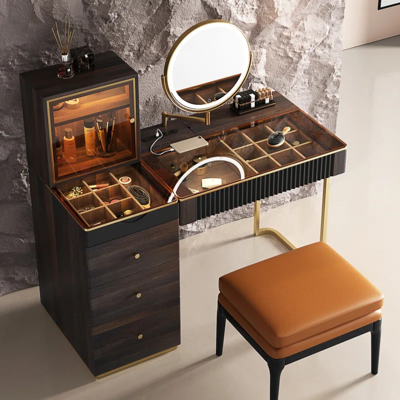Makeup Vanity Set,Power Outlet, Glass Top | Wayfair North America