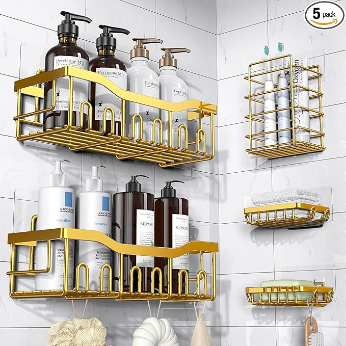 5-Pack Rustproof Stainless Steel Shower Caddy – No Drill Adhesive Bathroom Organizer with Large... | Amazon (US)