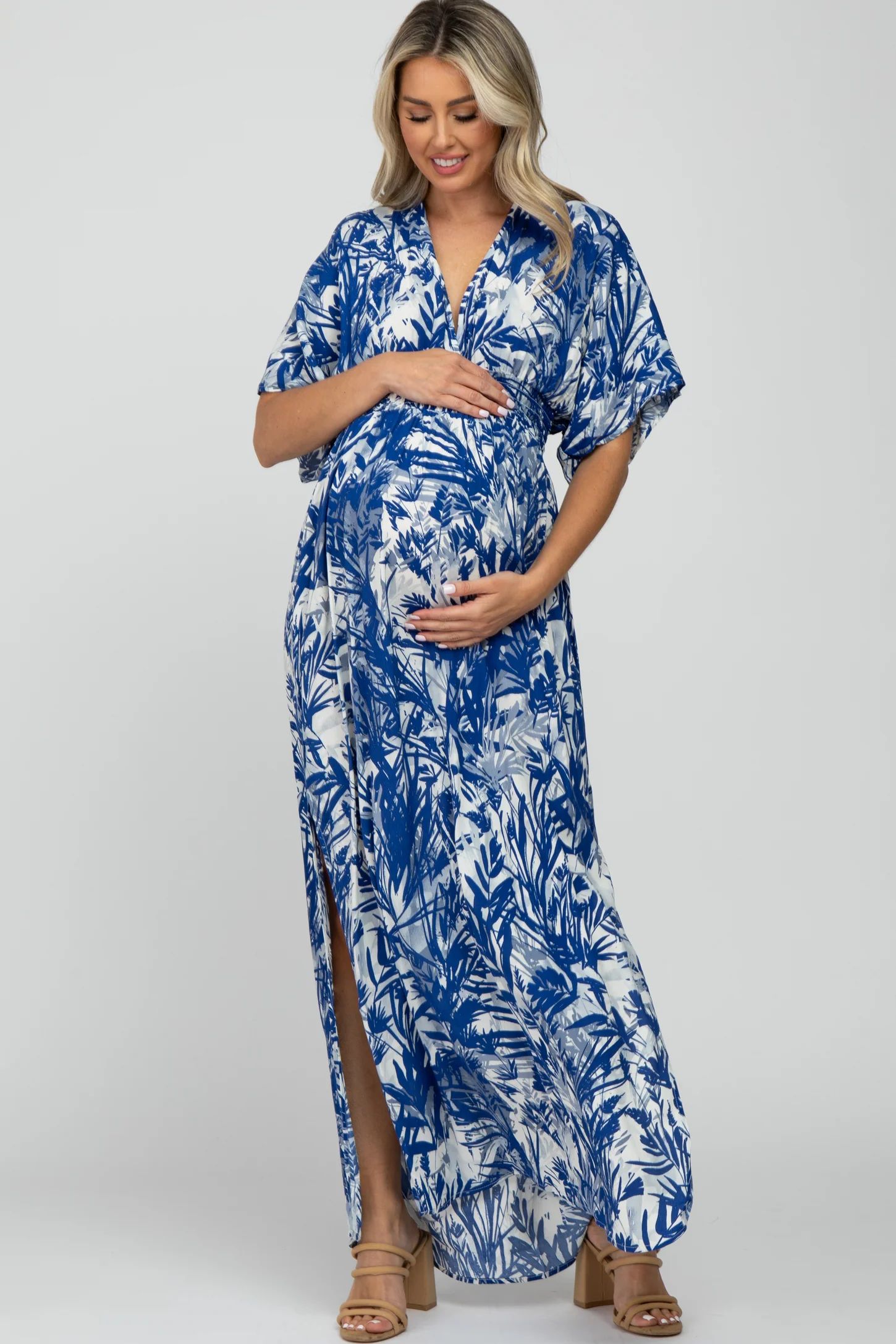 Navy Blue Leaf Print V-Neck Maternity Maxi Dress | PinkBlush Maternity