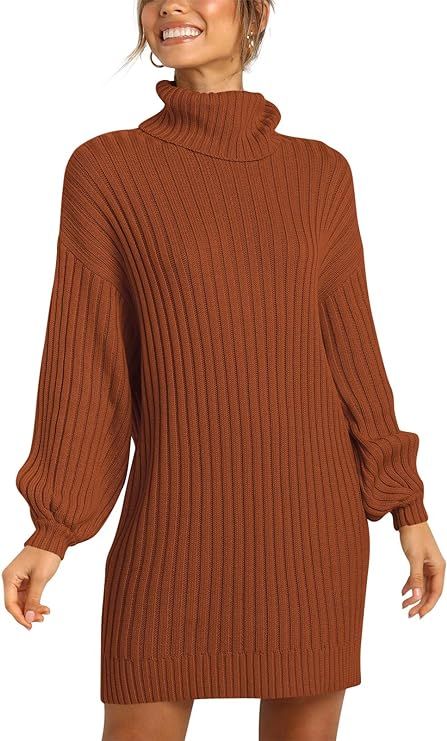 ANRABESS Women Turtleneck Long Lantern Sleeve Casual Loose Oversized Sweater Dress Soft Winter Pu... | Amazon (US)