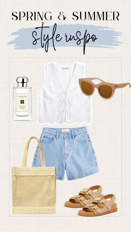 Casual outfit. Summer outfit. Cropped vest top. Denim shorts. Jean shorts. Summer sandals. Woven tote bag. Sunglasses.

#LTKGiftGuide #LTKSeasonal #LTKsalealert