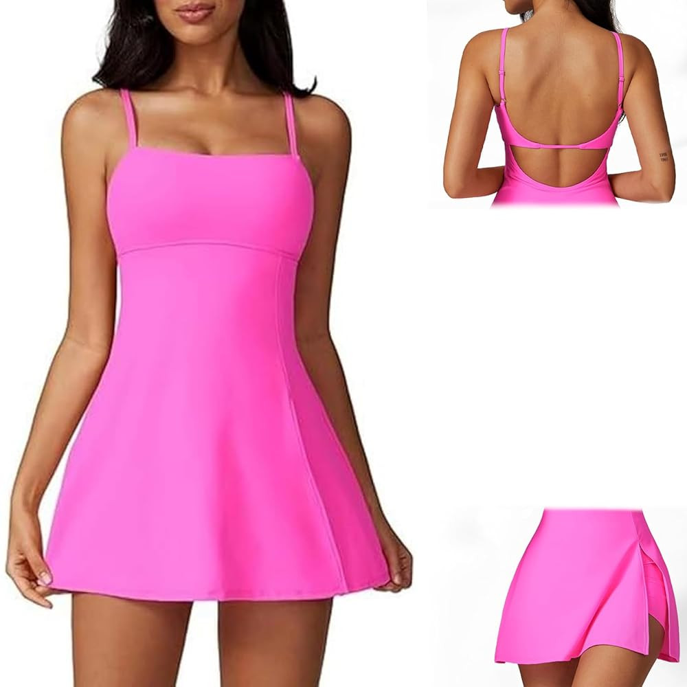 Generic 2 in 1 Split Hem Sports Dress, Dresses with Built-in Bra & Shorts, Womens Spaghetti Strap... | Amazon (US)