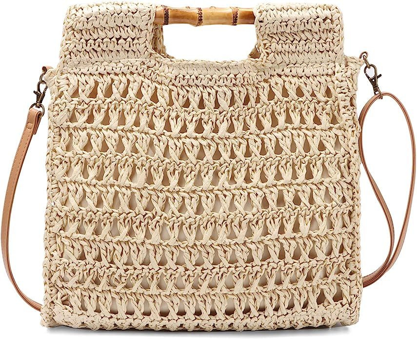 Oweisong Women Straw Beach Tote Bag Summer Large Bamboo Top Handle Handbag Hand Woven Shoulder Cr... | Amazon (US)