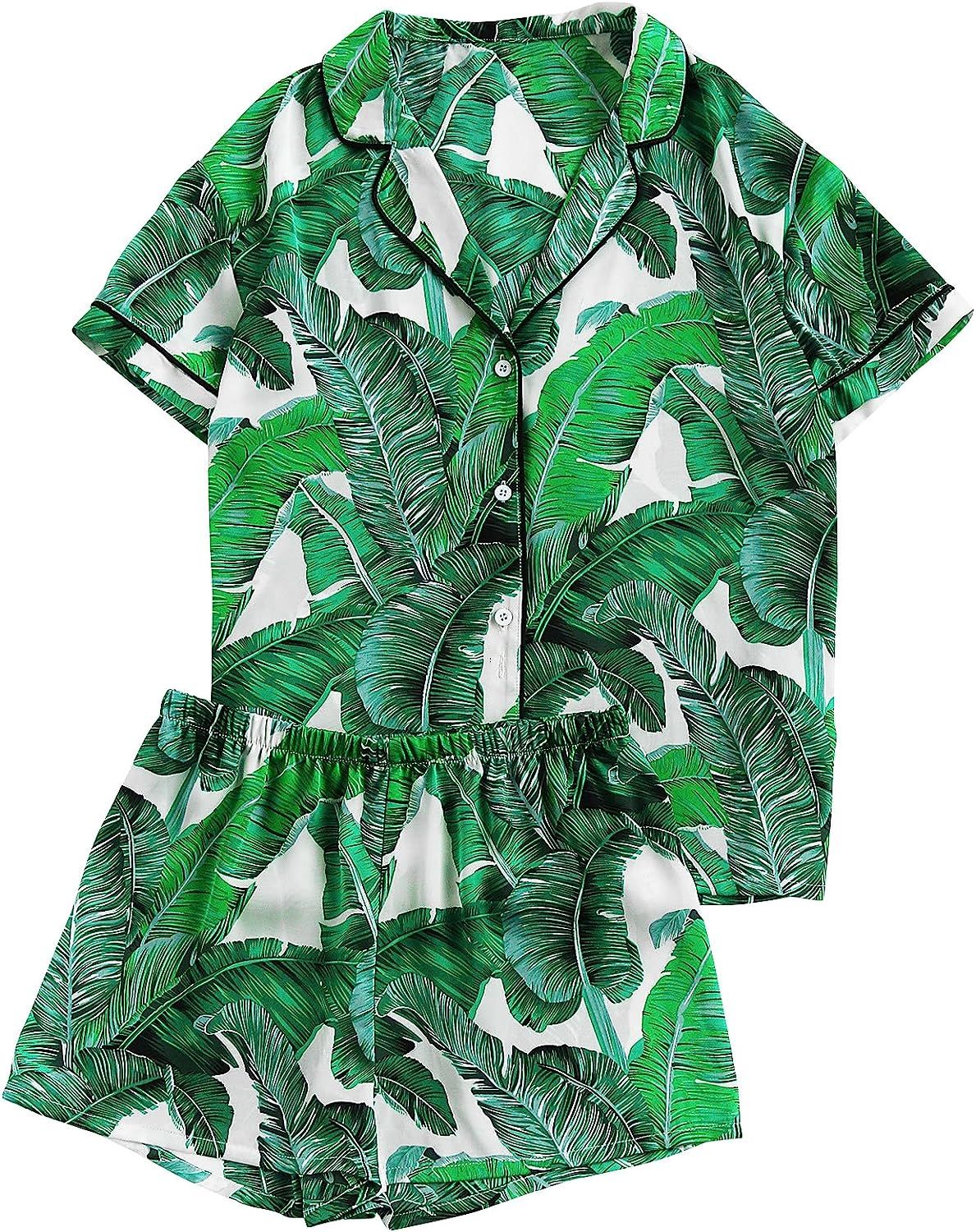 Floerns Women's Notch Collar Palm Leaf Print Sleepwear Two Piece Pajama Set | Amazon (US)